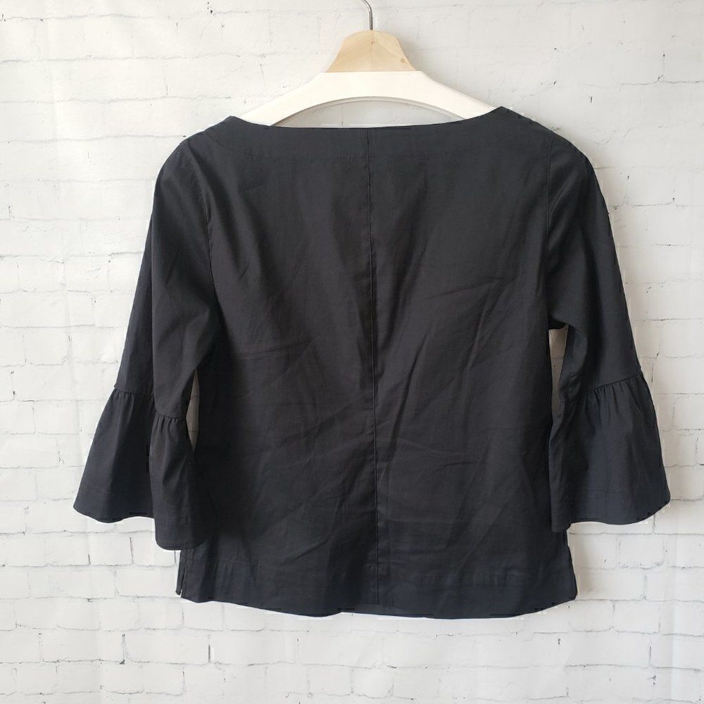 WHBM V-Neck Solid Black Blouse 3/4 Flutter Sleeve Size 2 Career Cotton Stretch - Picture 6 of 8